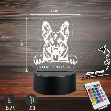 Német juhász - 3D LED LÁMPA - Egyedi felirattal