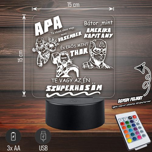 Az én Apukám SZUPERHŐS! - 3D LED Lámpa Apáknak |  Akár egyedi felirattal