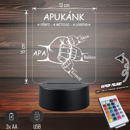 APUKÁNK A FÉRFI A MÍTOSZ A LEGENDA | 3D LED LÁMPA EGYEDI FELIRATTAL APÁKNAK