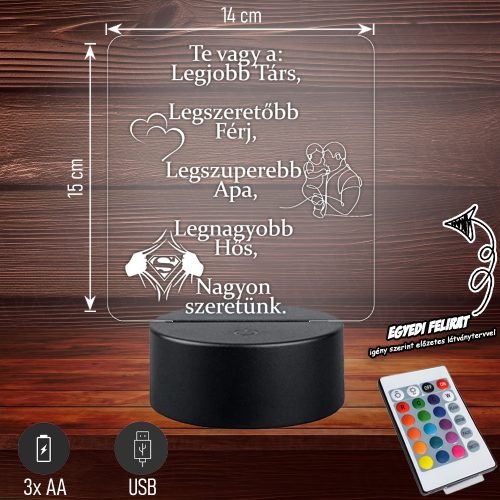 A Legjobb Apa , Társ, Férj , Hős | 3D LED LÁMPA Apáknak